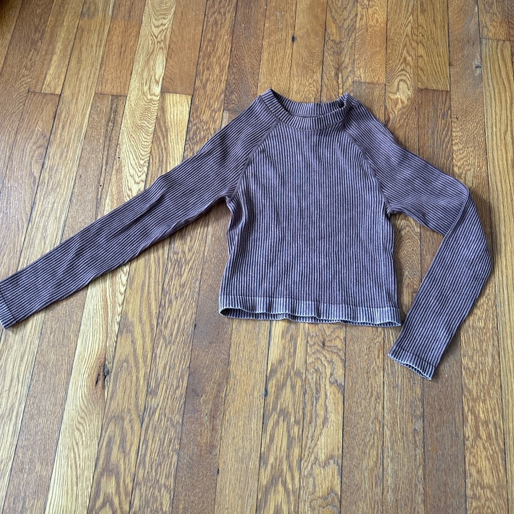 Brown Long Sleeve Ribbed Workout Top